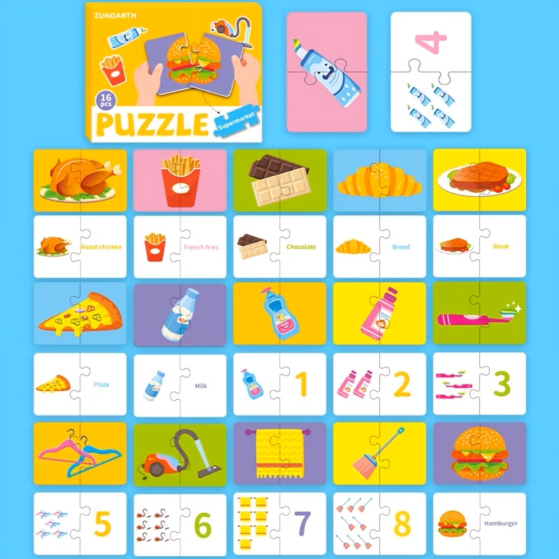 Spalvingos 16 dalių vaikiškos dėlionės detalės su maisto iliustracijomis