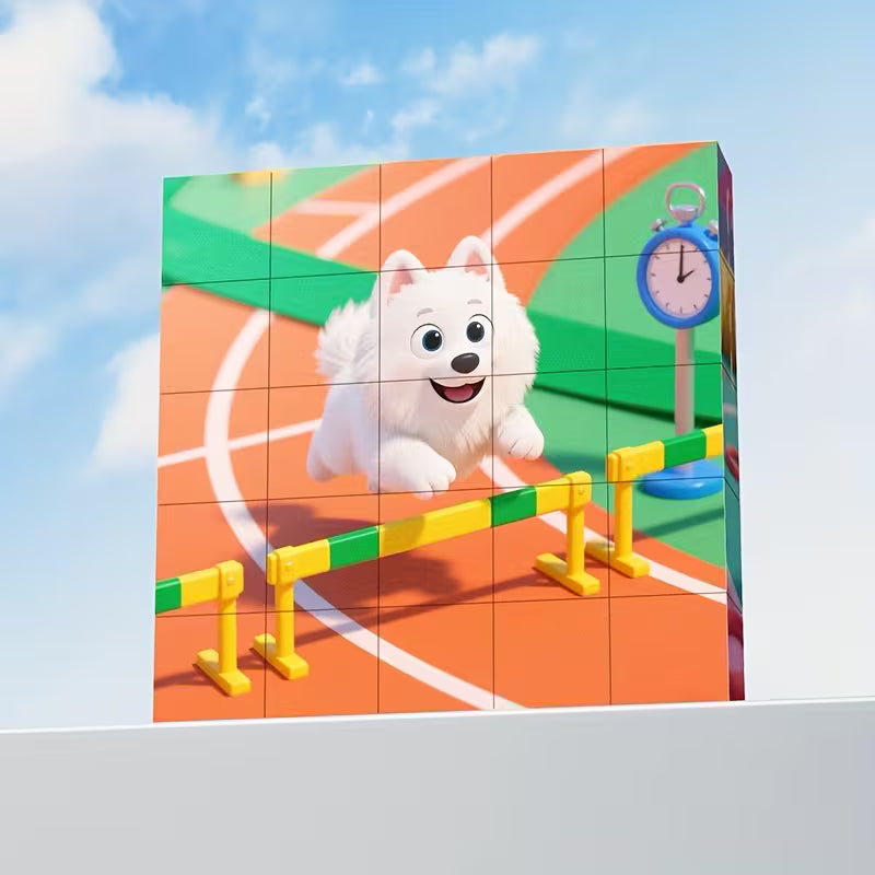 Edukacinė magnetinė dėlionė vaikams – 25 magnetinės detalės, kurias apverčiant galima sukurti 6 skirtingus paveikslėlius.