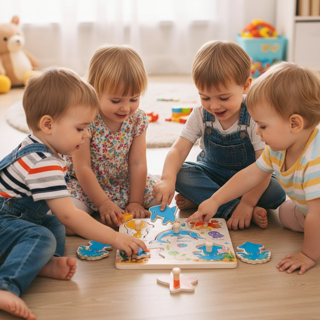 Vaikiška medinė dėlionė „Jūros gyventojai“, lavinamasis žaislas mažiems vaikams