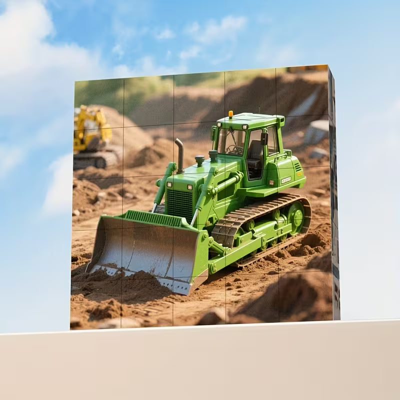 Magnetiniai dėlionės kubeliai su statybinių mašinų paveikslėliais ant pilko stalo