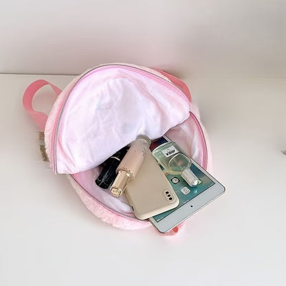 Rožinė pūkuota kuprinė vaikams su vienaragio aplikacija