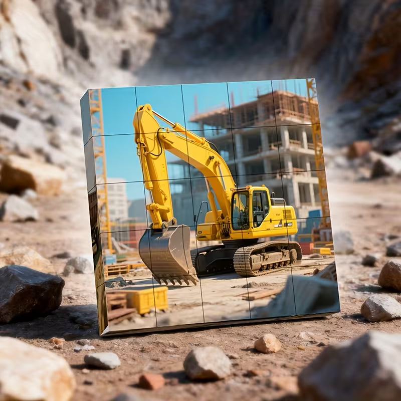 Vaikiška magnetinė dėlionė iš kubelių su sunkvežimio, ekskavatoriaus ir buldozerio vaizdais