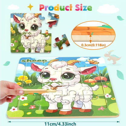 Lavinamoji medinė dėlionė vaikams su šuniuku, veršiuku, arkliuku ir kiškiuku