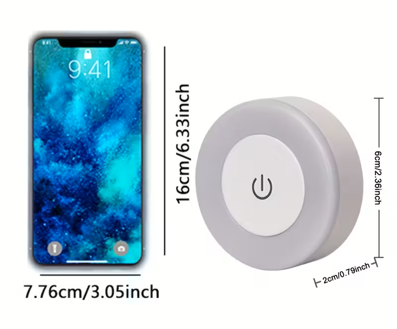 Kompaktiškas baltas LED šviestuvas su magnetiniu laikikliu, 6 cm apvalus šviestuvas spintoms ir virtuvei