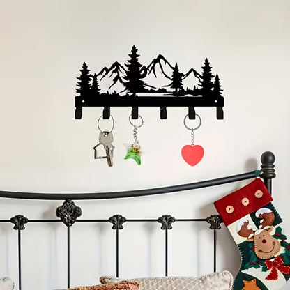 Dekoratyvinė sieninė raktų kabykla su kalnų ir miško motyvu