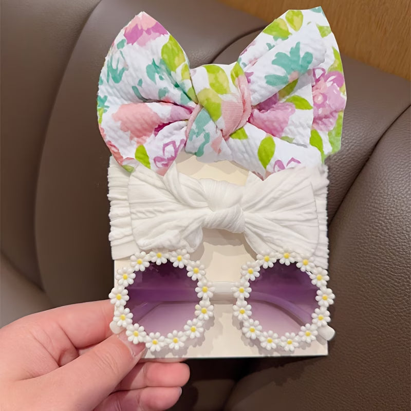 Kūdikio galvos juostų ir akinių rinkinys su gėlių motyvais