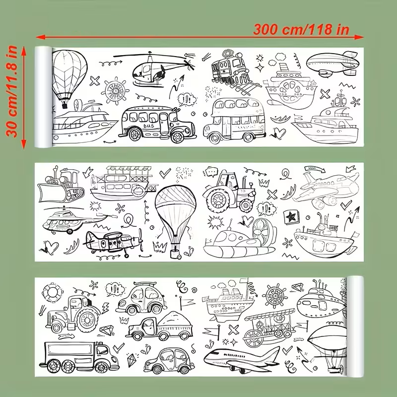 Spalvinimo ritinys 300 cm – transporto priemonių tema, idealus piešimui ir kūrybai