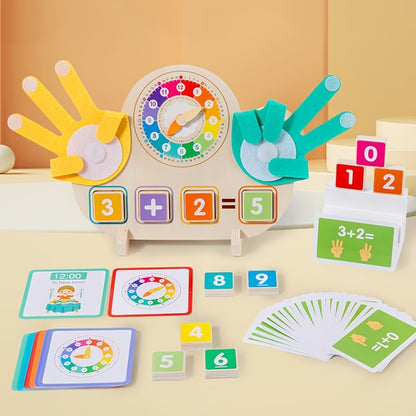 Edukacinis medinis laikrodis vaikams su skaičiais ir sudėties užduotimis