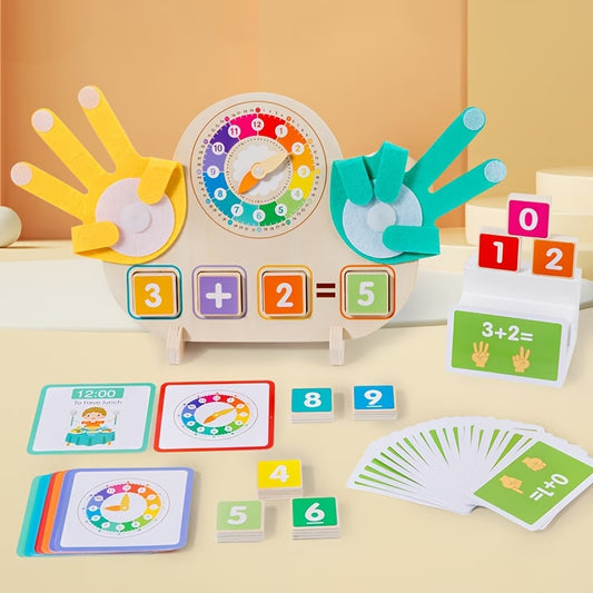 Edukacinis medinis laikrodis vaikams su skaičiais ir sudėties užduotimis