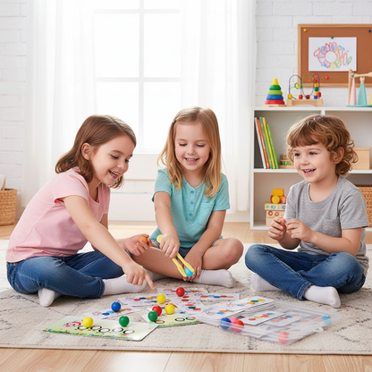 „Montessori žaislas – rūšiavimo kamuoliukai su kortelėmis, skatina dėmesį ir smulkiąją motoriką.