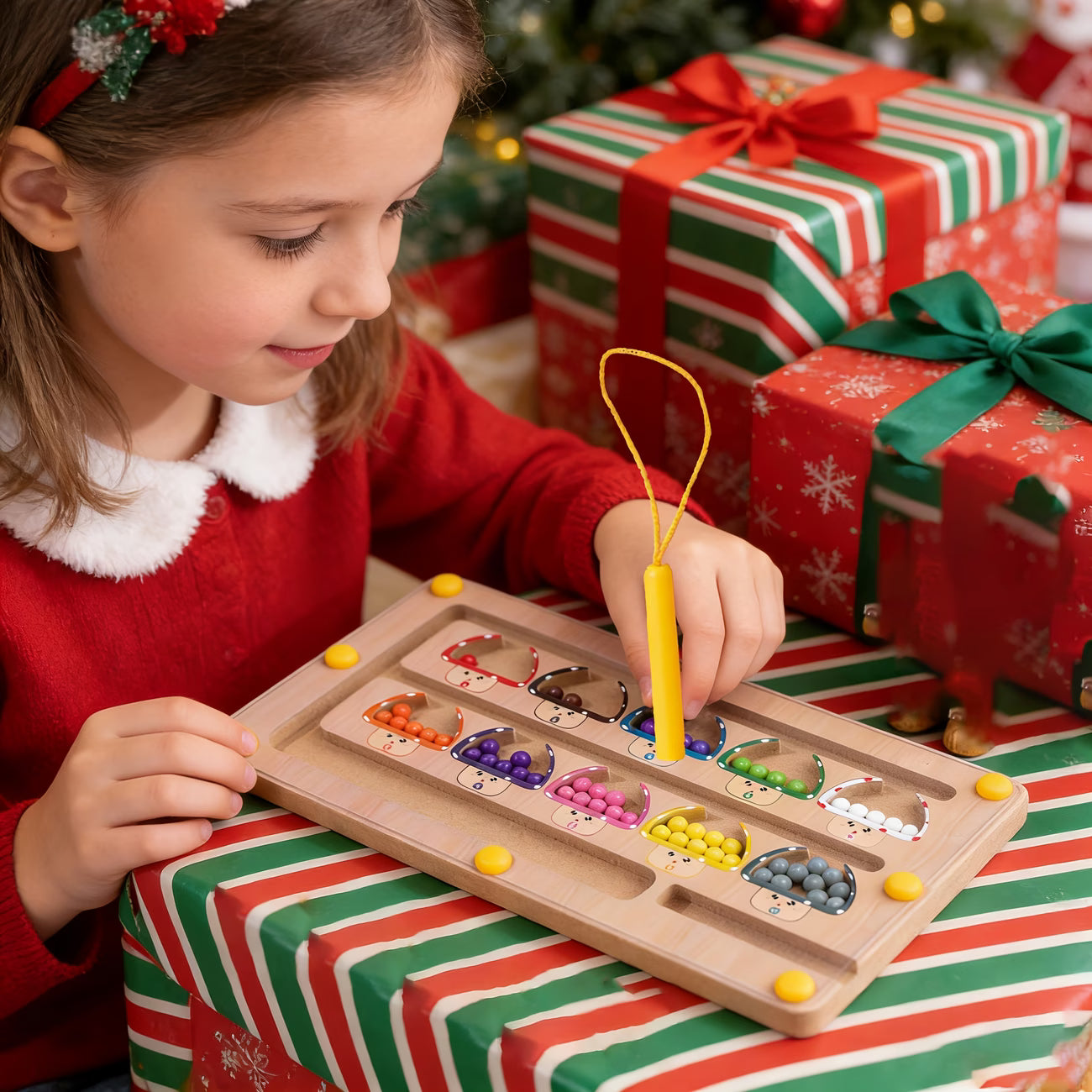 Magnetinis Montessori labirintas su spalvotais grybukais, lavinamasis medinis žaislas vaikams