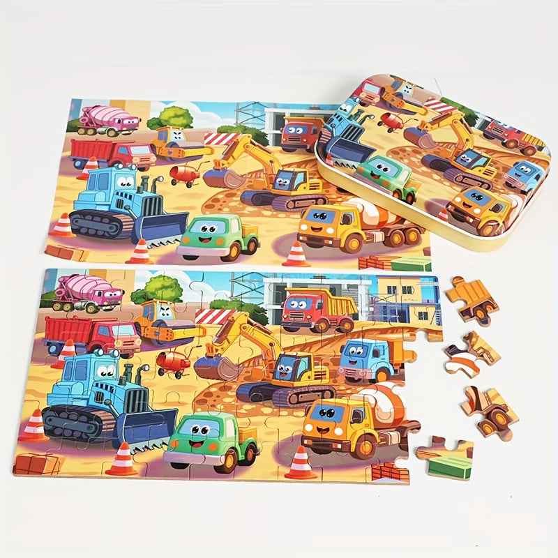 Vaikiška dėlionė su transporto priemonėmis, 60 detalių, metalinėje dėžutėje