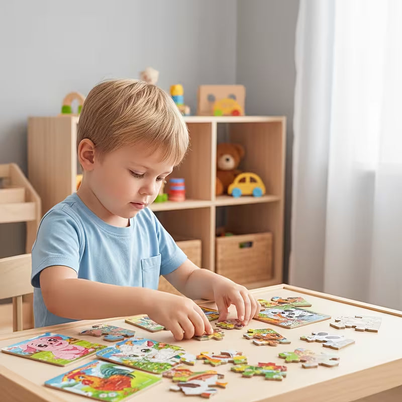 Vaikiškų medinių dėlionių rinkinys su 4 skirtingomis dėlionėmis