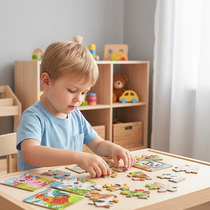 Vaikiškų medinių dėlionių rinkinys su 4 skirtingomis dėlionėmis