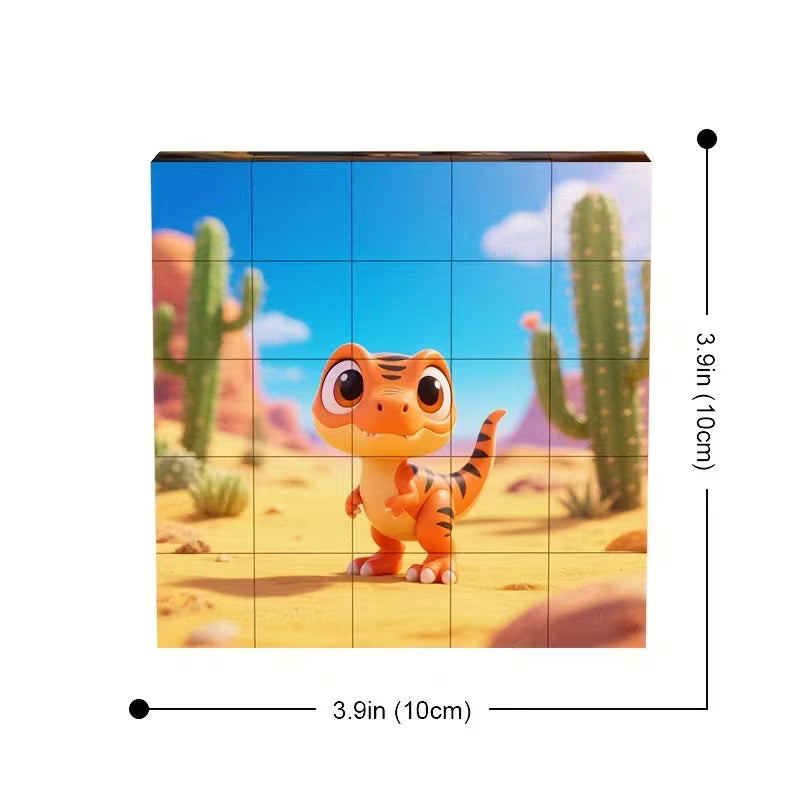 Magnetinė vaikiška dėlionė su spalvingais dinozaurų personažais, sudaryta iš kelių skirtingų paveikslėlių