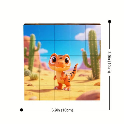 Magnetinė vaikiška dėlionė su spalvingais dinozaurų personažais, sudaryta iš kelių skirtingų paveikslėlių