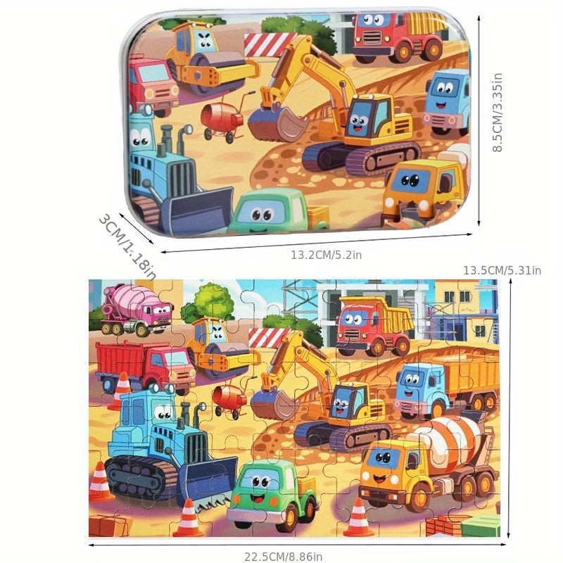 Transporto priemonių dėlionė vaikams metalinėje dėžutėje, smulkiajai motorikai lavinti