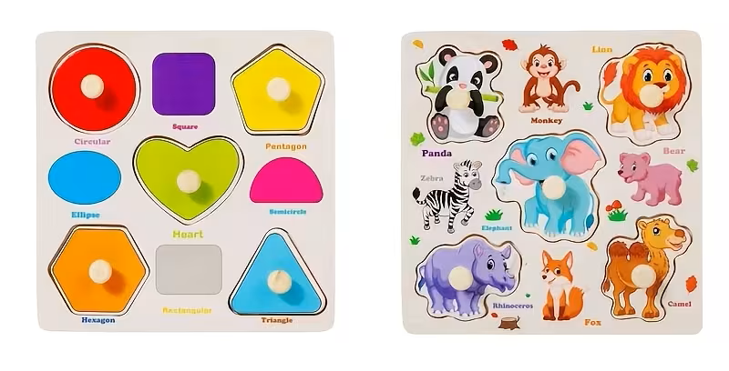 Vaikiškas medinių dėlionių komplektas su formomis ir gyvūnais, lavinamasis žaislas