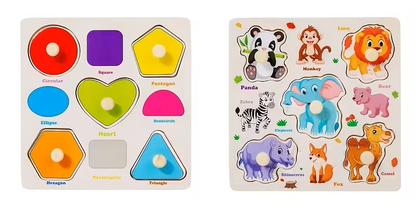 Vaikiškas medinių dėlionių komplektas su formomis ir gyvūnais, lavinamasis žaislas
