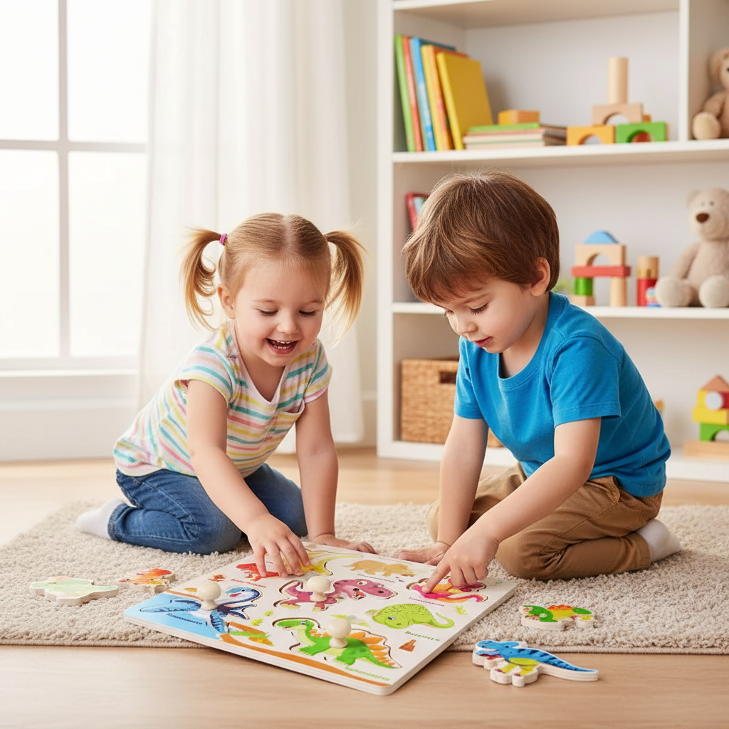 Vaikiška medinė dėlionė „Dinozaurai“, lavinamasis žaislas mažiems vaikams