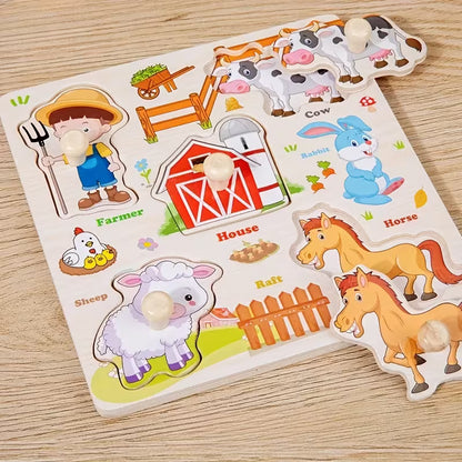 Edukacinė medinė dėlionė vaikams su ūkio gyvūnais