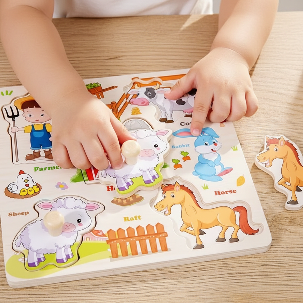 Vaikiška medinė dėlionė „Ūkio gyvūnai“, lavinamasis žaislas mažiems vaikams