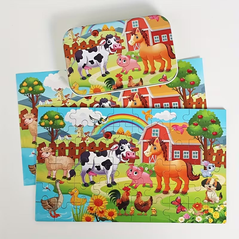 Patogi vaikiška dėlionė metalinėje dėžutėje