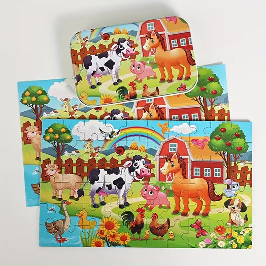 Patogi vaikiška dėlionė metalinėje dėžutėje