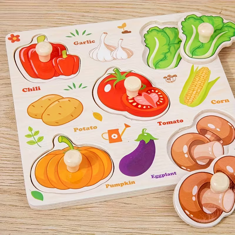 Medinė vaikiška dėlionė su daržovėmis, lavinamasis žaislas mažiems vaikams