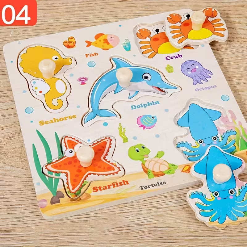 Edukacinė medinė dėlionė su jūros gyventojais vaikams