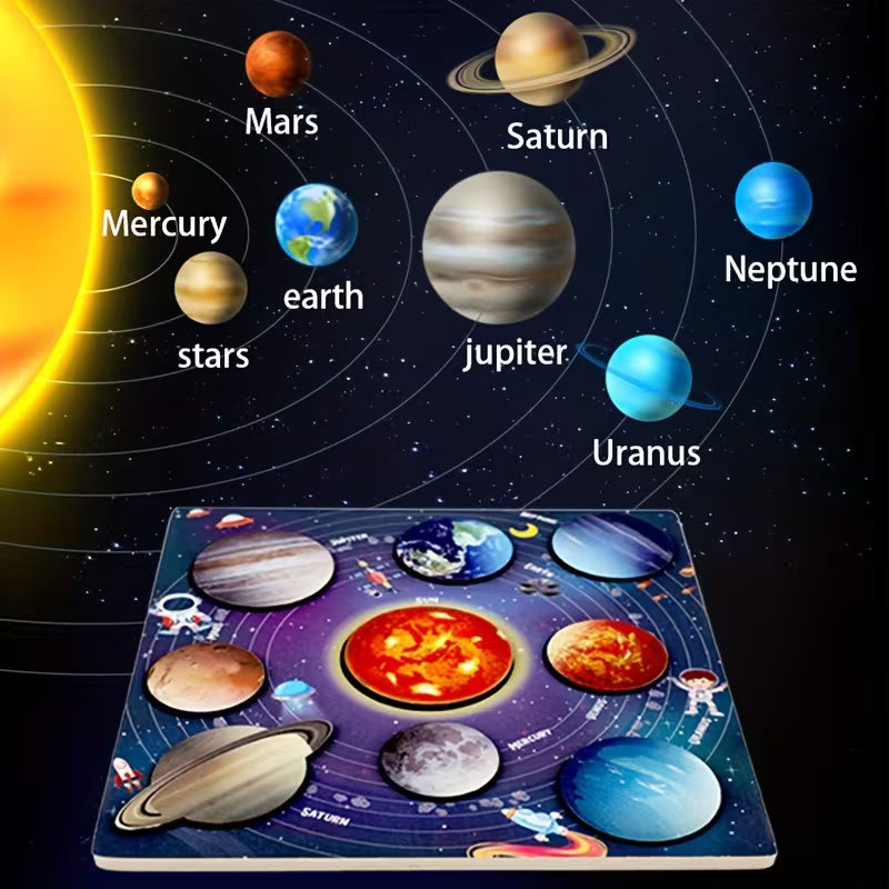 Spalvinga medinė dėlionė „Saulės sistema“ su iškiliomis planetomis