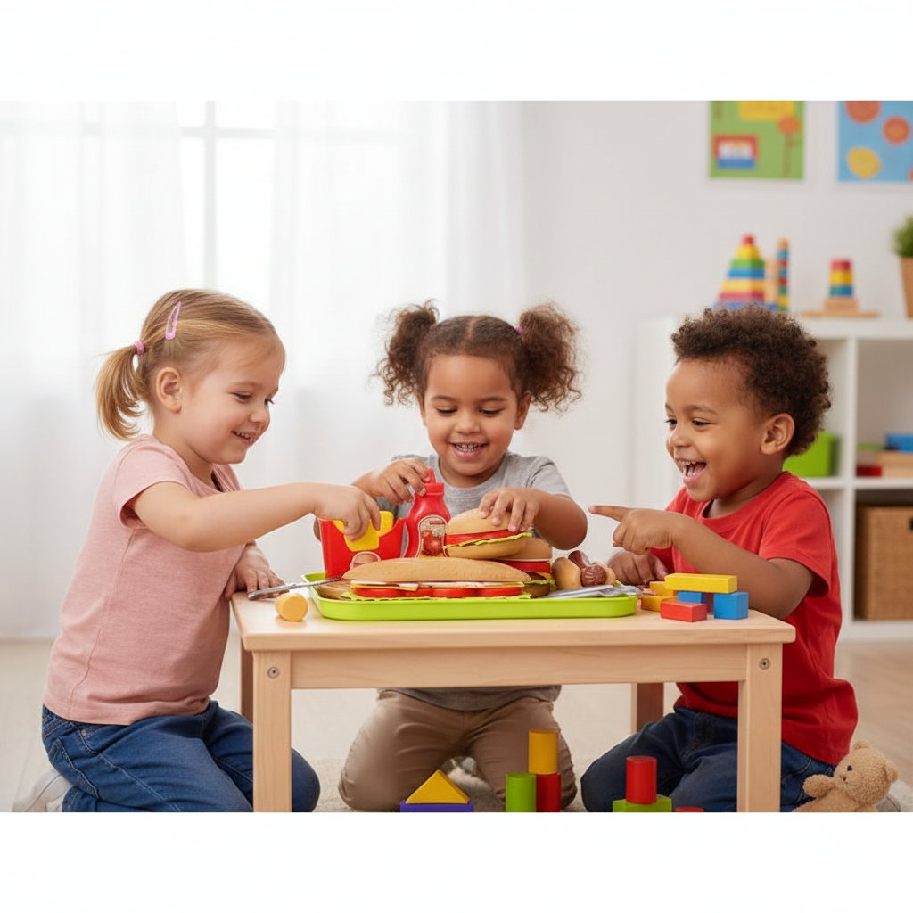 Žaisliniai mėsainiai ir užkandžiai vaikams, lavinantys vaizduotę