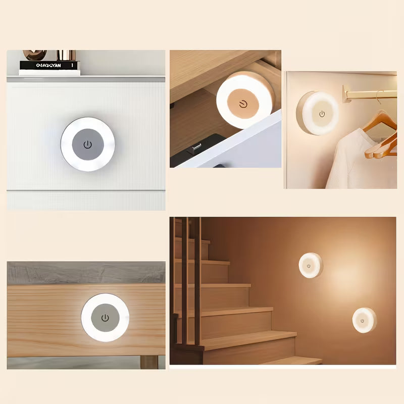 Mažas baltas magnetinis LED šviestuvas 6 cm skersmens, lengvai tvirtinamas prie sienos su magnetu