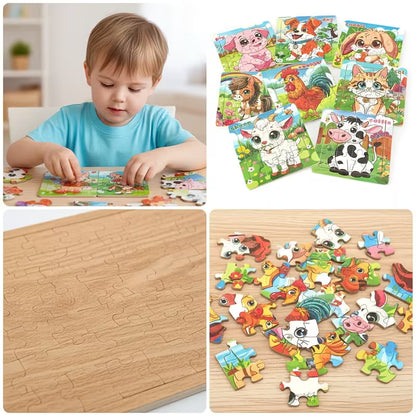 Medinė vaikiška dėlionė 16 dalių su gyvūnėliais