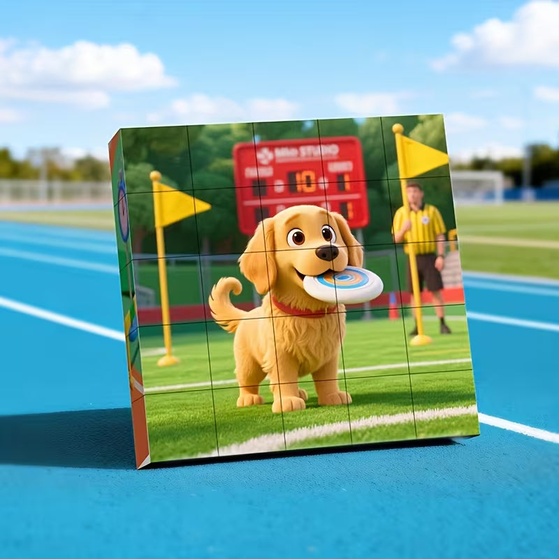 Spalvinga magnetinė dėlionė vaikams – 25 kvadratinės 2×2 cm detalės, iš kurių galima sudėlioti kelias skirtingas iliustracijas.