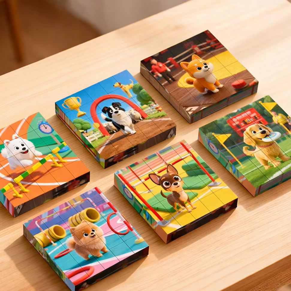 Magnetinė vaikiška dėlionė iš 25 dalių, leidžianti sudėlioti 6 skirtingus spalvingus gyvūnų paveikslėlius ant medinio paviršiaus.