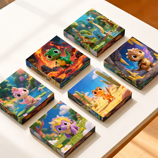 Vaikams skirta magnetinė dėlionė su ryškiomis dinozaurų iliustracijomis, tinkama kūrybiškam žaidimui