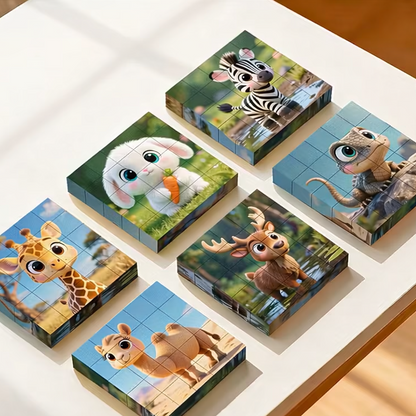 Magnetinė vaikiška kubelių dėlionė su mielais gyvūnų paveikslėliais, sudaryta iš šešių skirtingų vaizdų