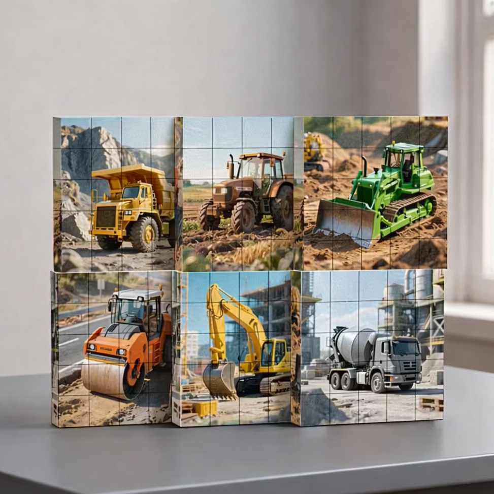 Magnetinė kubelių dėlionė vaikams su skirtingomis statybinėmis transporto priemonėmis statybų aikštelėje