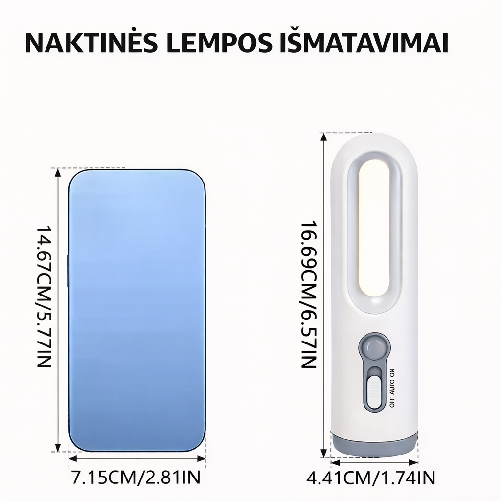naktinė pakraunama lempa, gali būti ir naudojama auto jutimui