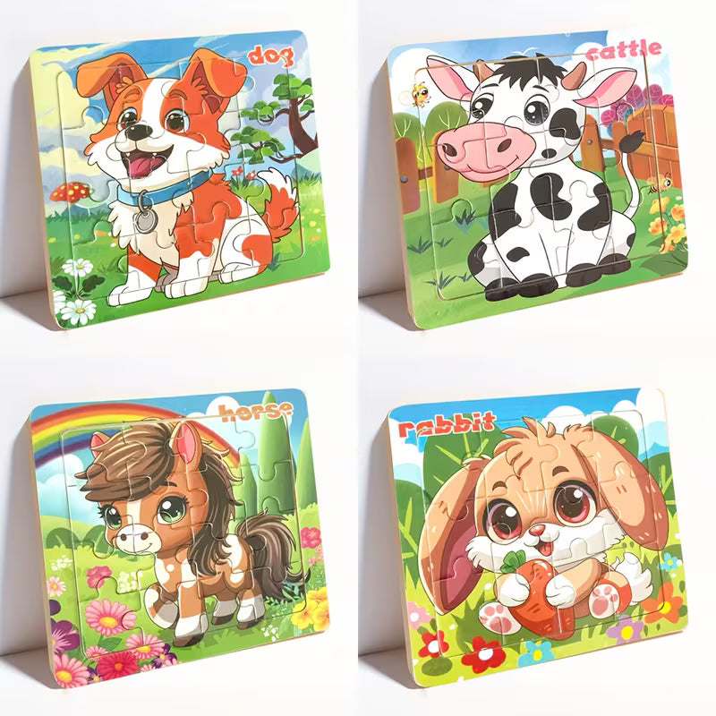 Medinių dėlionių rinkinys vaikams iš 4 skirtingų paveikslėlių