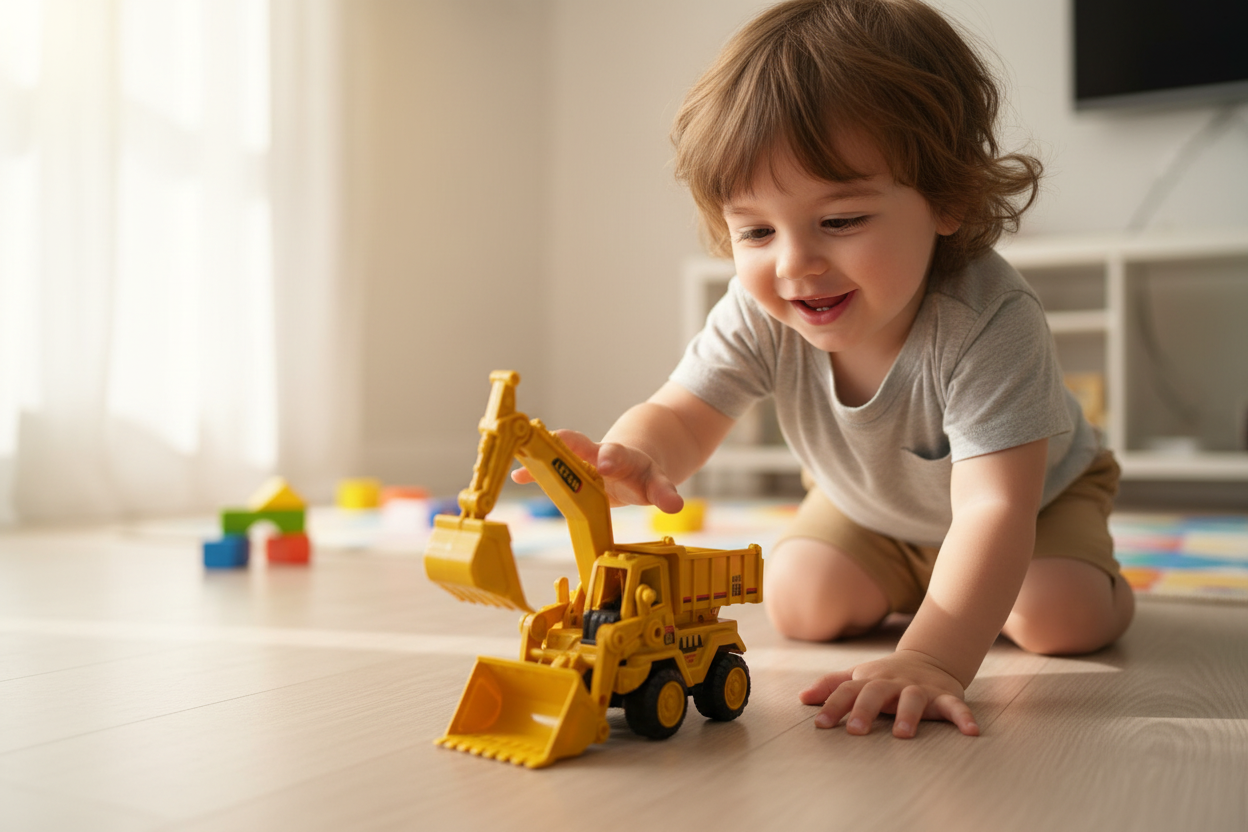 Plastikinis vaikiškas ekskavatorius su sunkvežimio kėbulu ir nurodytais matmenimis