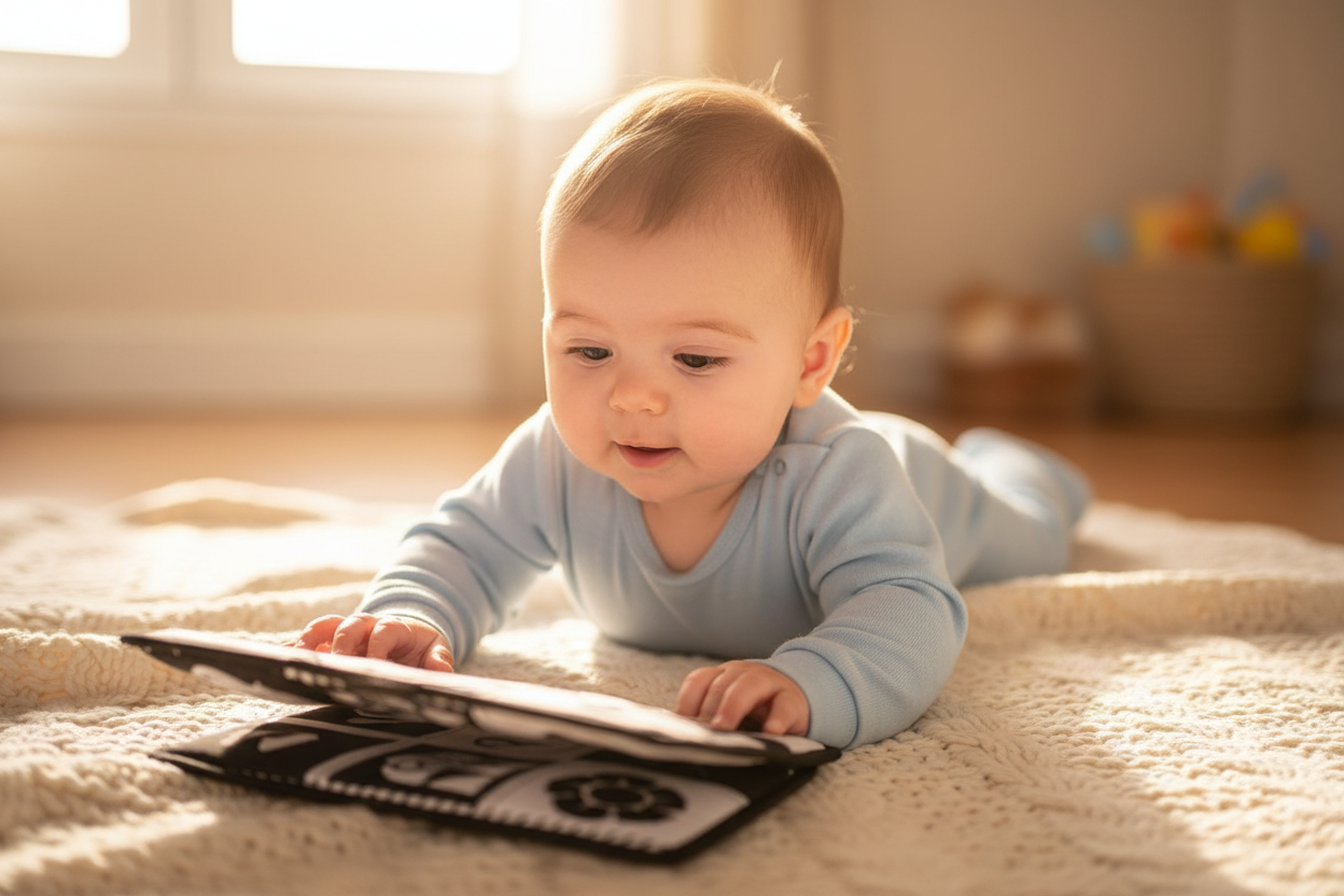 Kūdikių vizualinės stimuliacijos kortelės ir veidrodėlis – tėvų ir mažylio žaidimo rinkinys.