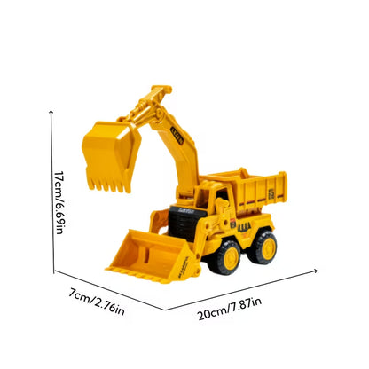 Vaikiškas geltonas statybinis sunkvežimis–ekskavatorius su judančiu kaušu baltame fone