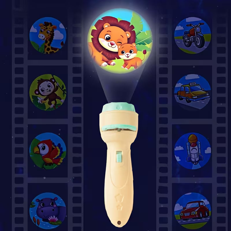 Vaikiškas projektorius žibintuvėlis geltonas su projekcijos kortelėmis vaikams