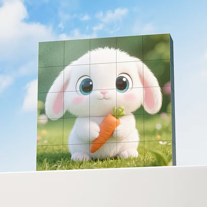 Vaikams skirta magnetinė dėlionė iš kubelių su skirtingais gyvūnų paveikslėliais ant balto stalo