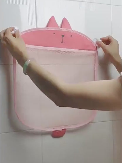 vonios žaislų krepšys su lapės veidu ir tinkleliu, pritvirtintas prie vonios sienos